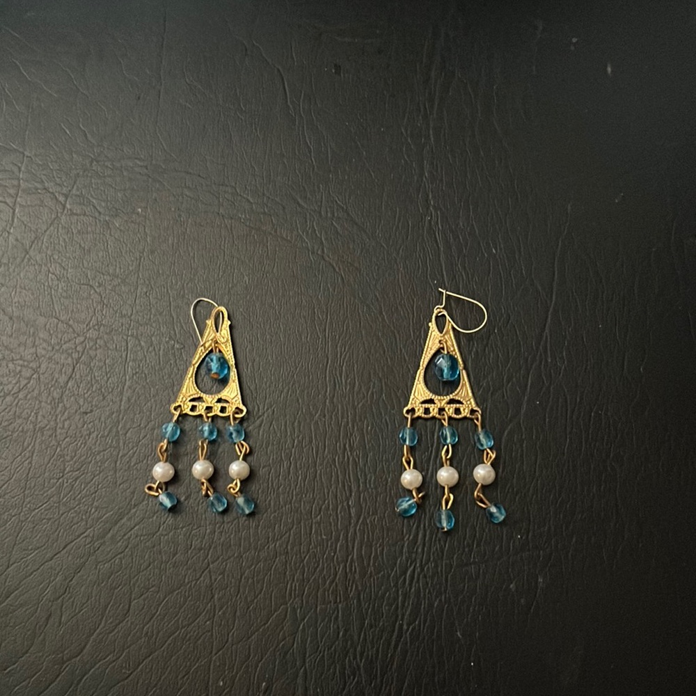 gold blue and white earrings